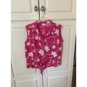 Cabana Cay Pink Floral Embroidered Sleeveless Tie Front Cotton Blouse Womens L